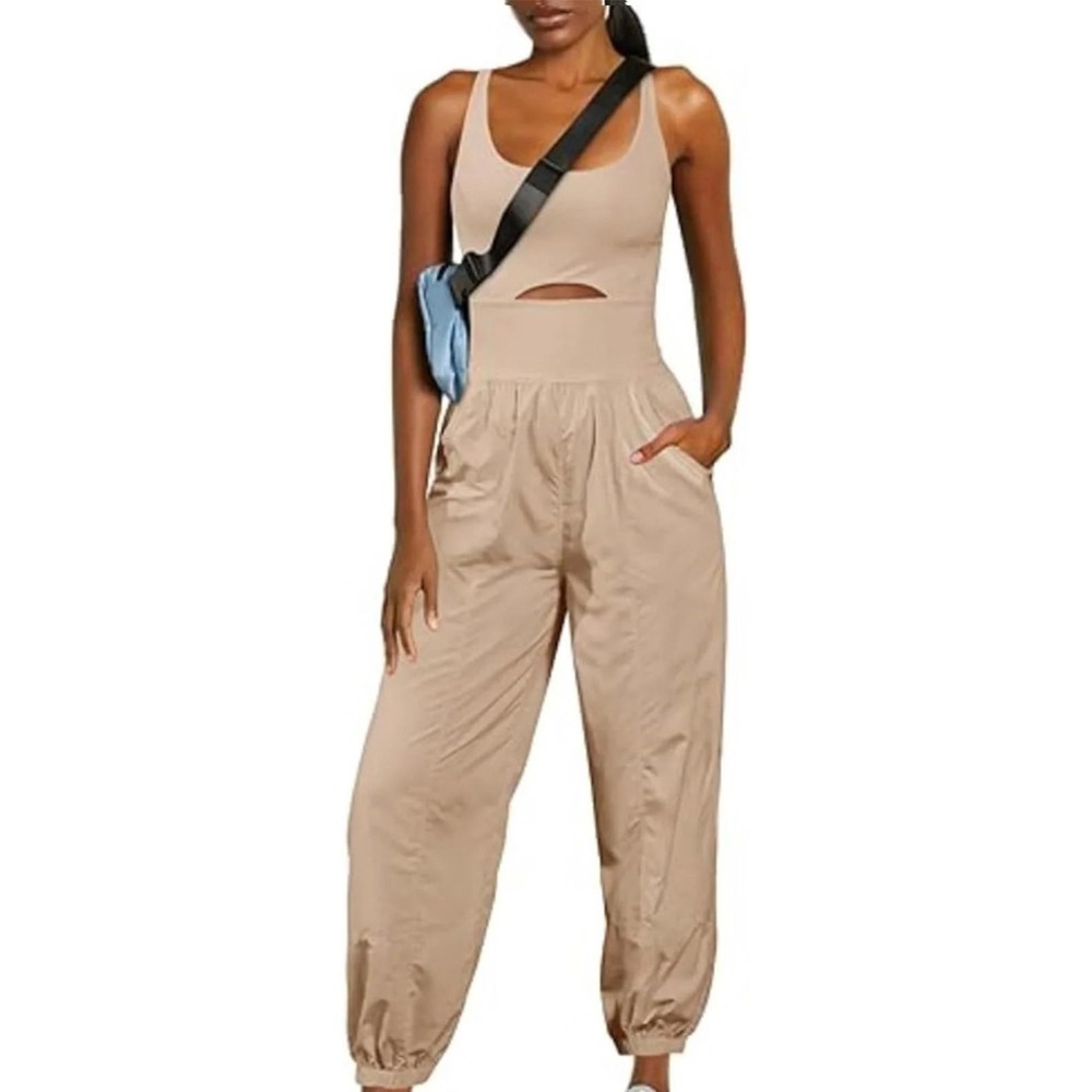 Womens Activewear Cutout Joggers Jumpsuit Size S Beige Pockets Athletic Gym Run - Picture 2 of 8